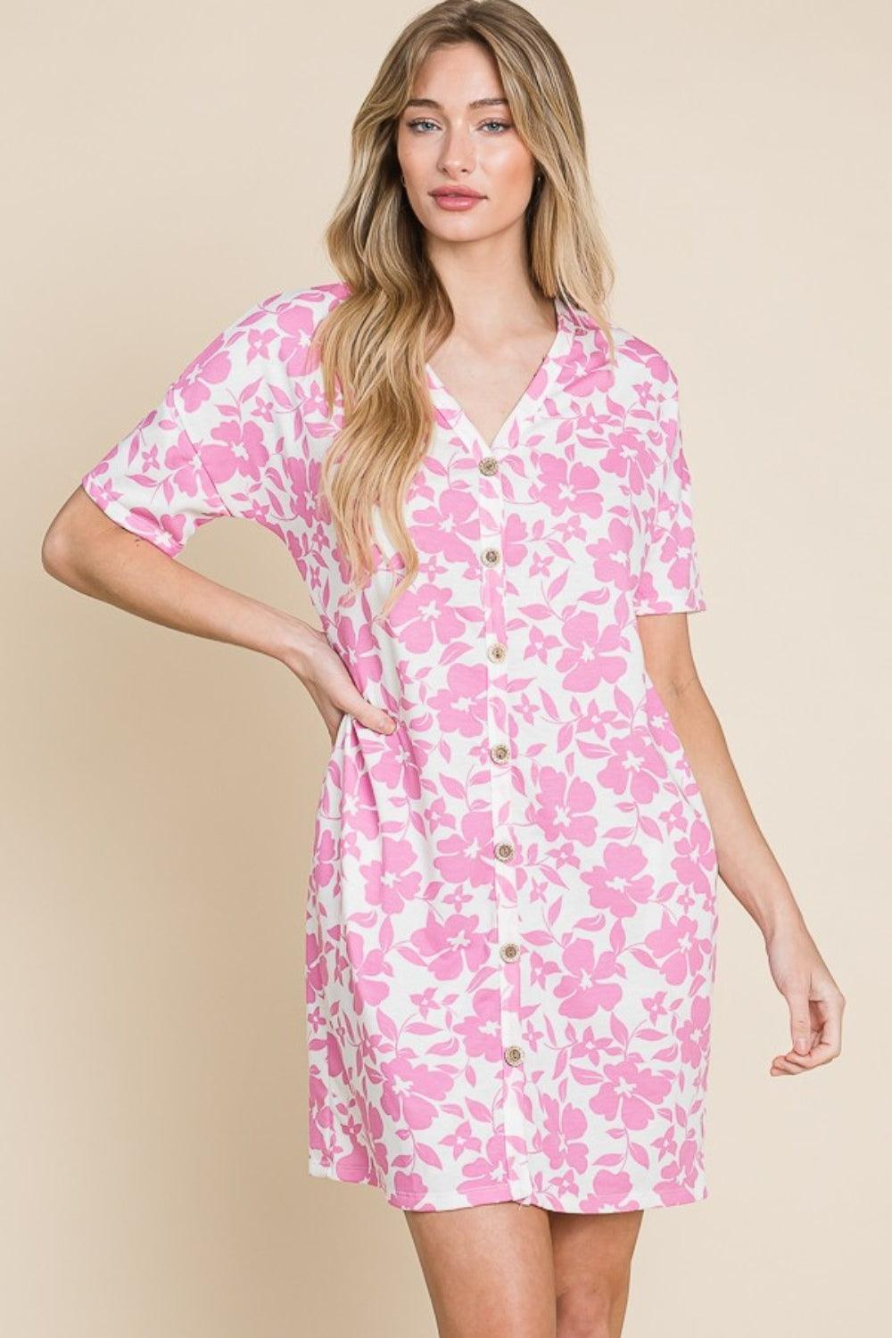 BOMBOM Floral Button Down Mini Dress - ClubOn