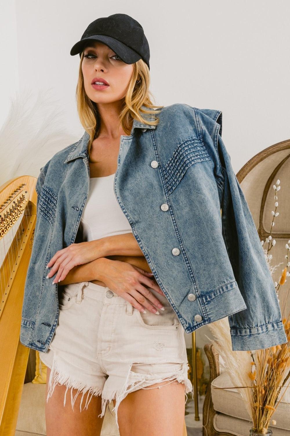BiBi Button Up Long Sleeve Denim Jacket - ClubOn