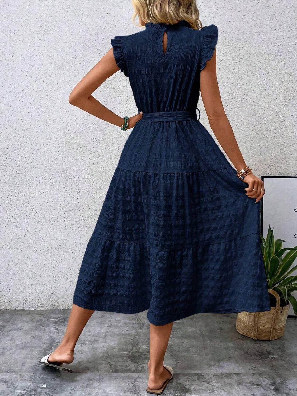 Tied Ruffled Cap Sleeve Midi Dress - ClubOn