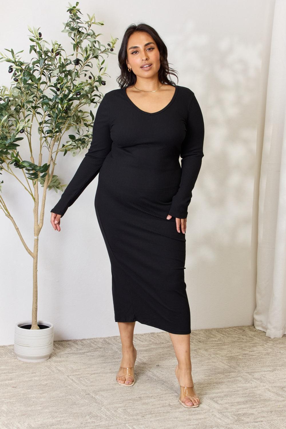 Culture Code Full Size Ribbed Long Sleeve Midi Slit Dress - ClubOn