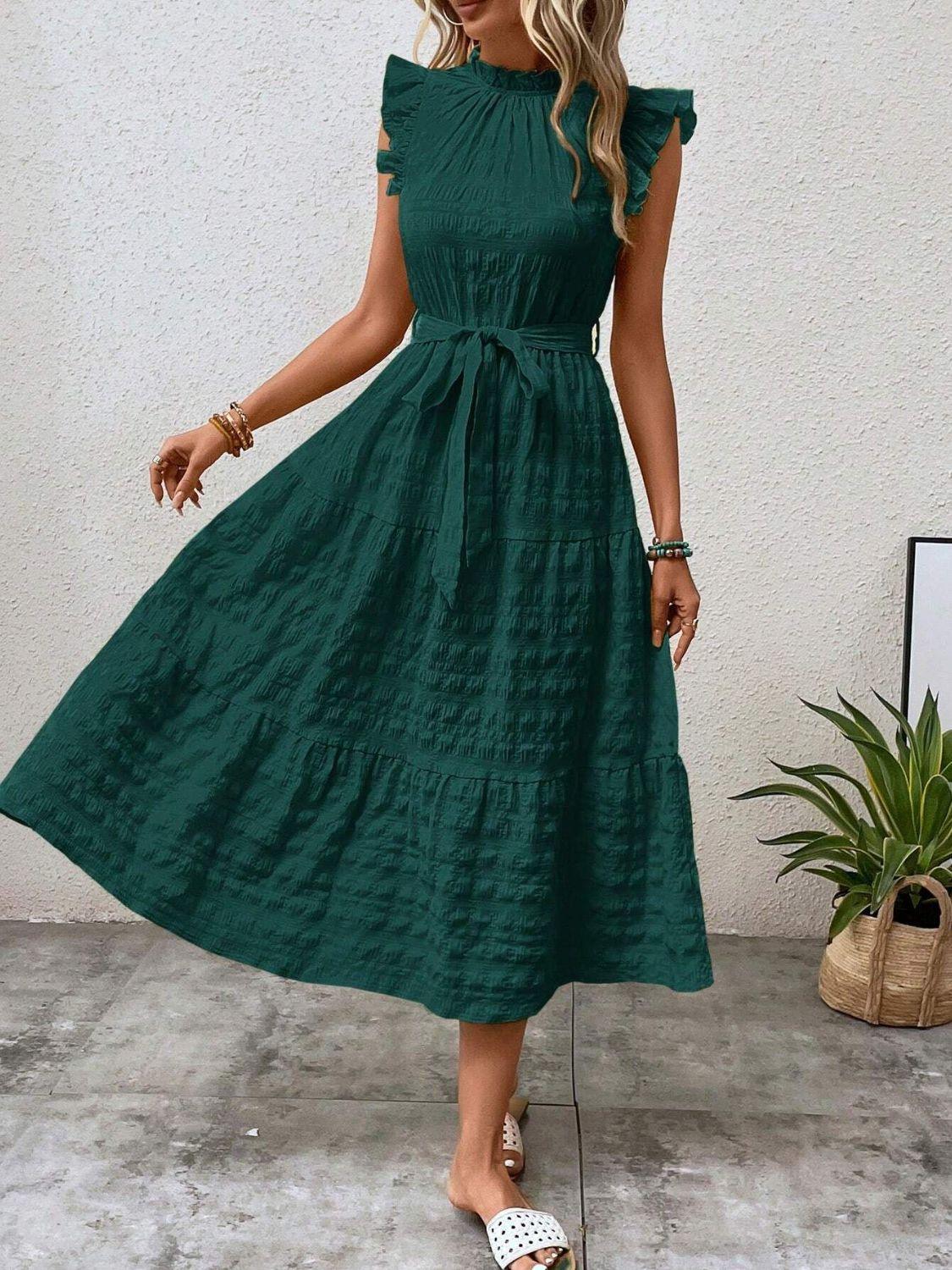 Tied Ruffled Cap Sleeve Midi Dress - ClubOn