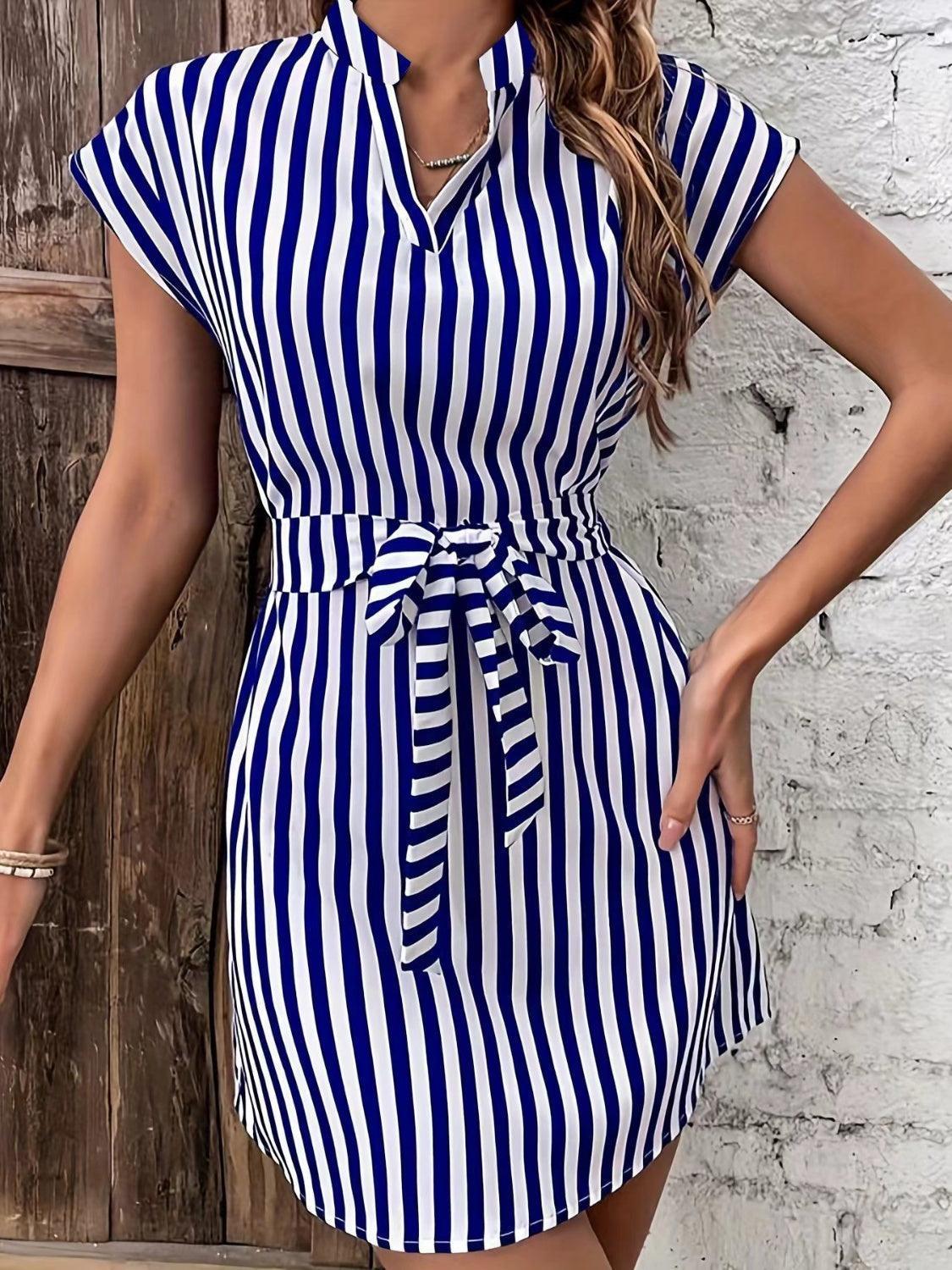 Tied Striped Cap Sleeve Mini Dress - ClubOn