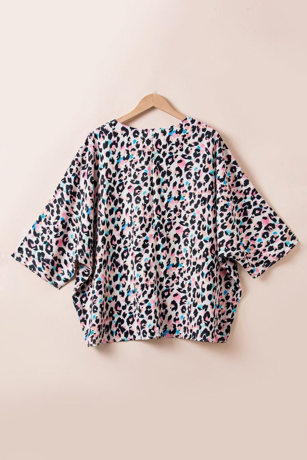 Plus Size Leopard V-Neck Three-Quarter Sleeve Blouse - ClubOn