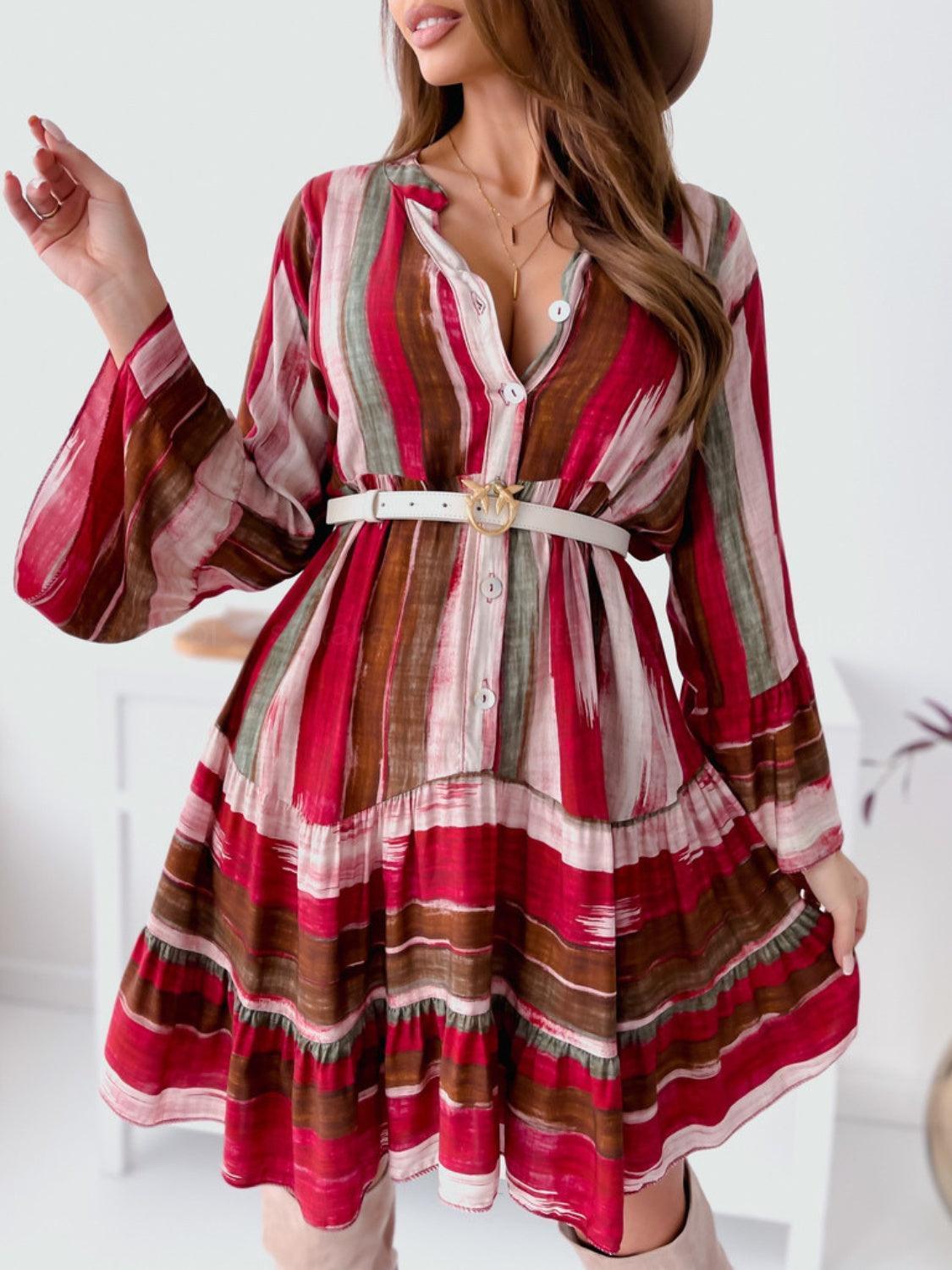Buttoned Striped Long Sleeve Mini Dress - ClubOn