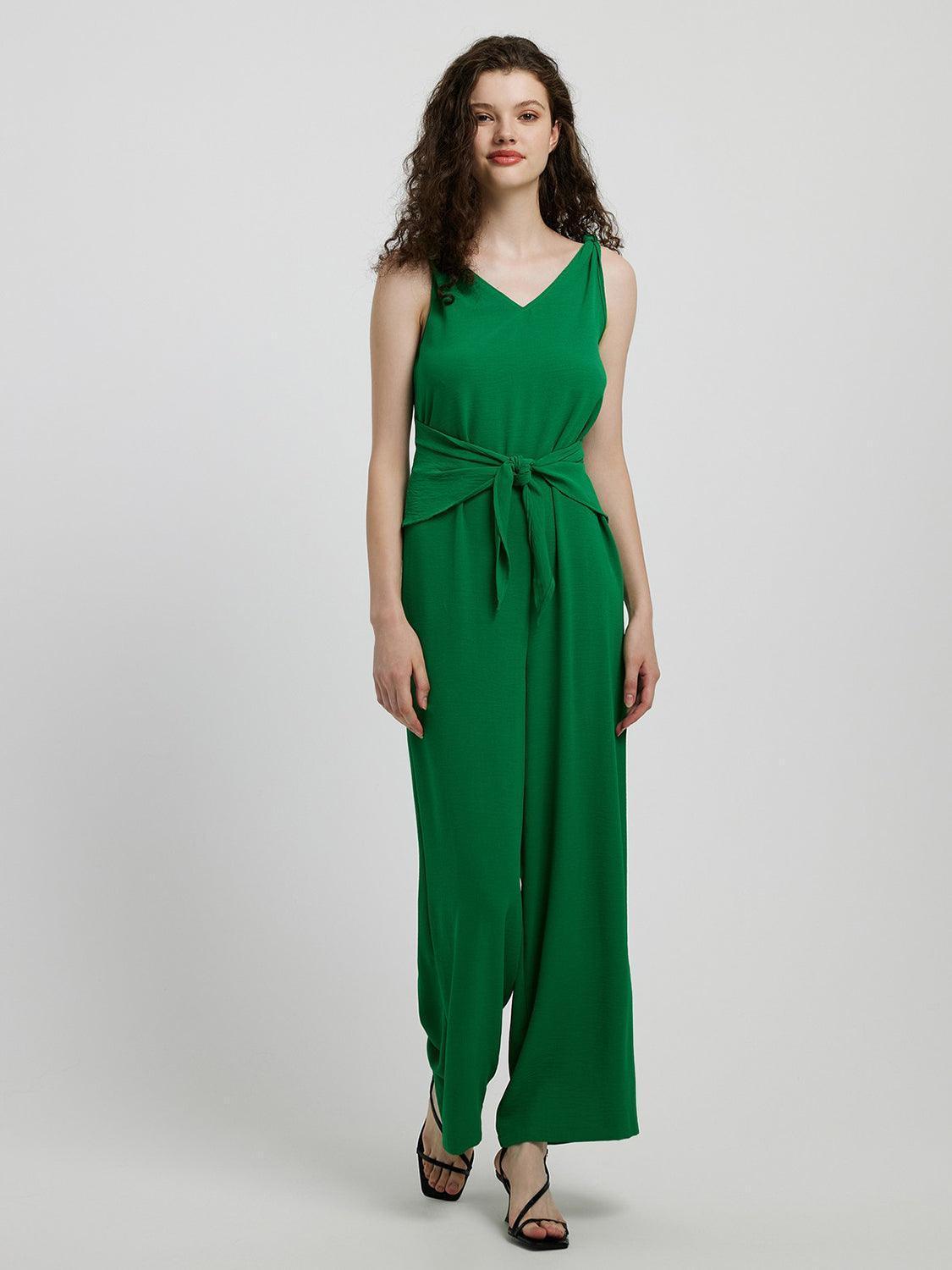 Honey Knot Detail Tie Front Sleeveless Jumpsuit - ClubOn