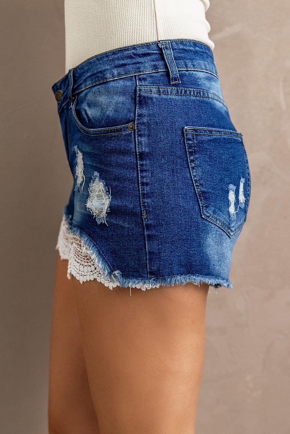 Spliced Lace Distressed Denim Shorts - ClubOn