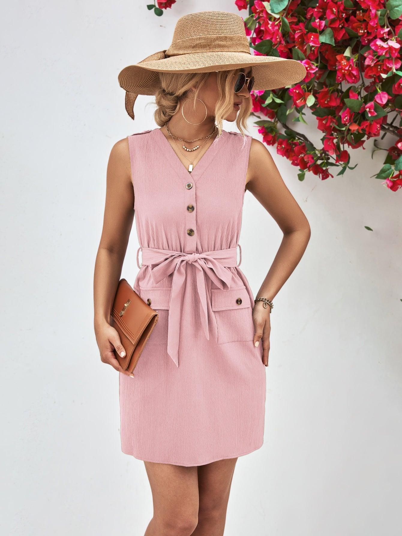 Buttoned V-Neck Belted Sleeveless Dress - ClubOn