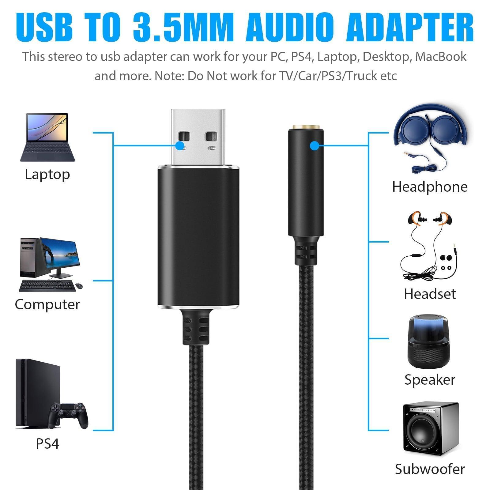 USB to 3.5mm Jack Audio Adapter, TSV USB to Audio Jack Adapter Headset, 3.5mm TRRS 4-Pole Female, External Stereo Sound Card for PC, Mac, PS4, Laptop, Desktop (Black, 20CM) - ClubOn