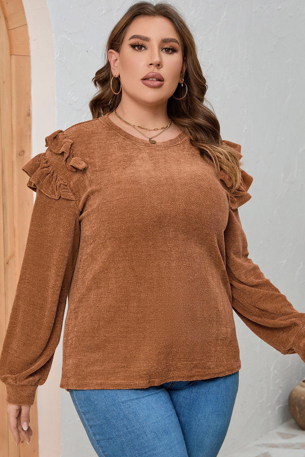 Plus Size Ruffled Round Neck Long Sleeve T-Shirt - ClubOn