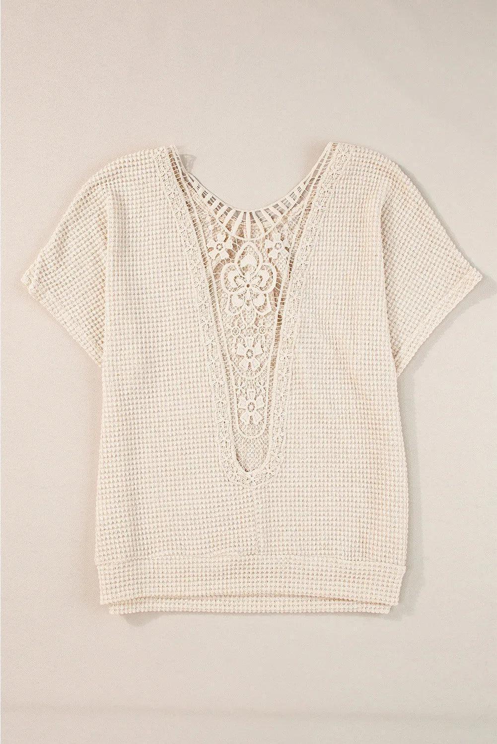 Plus Size Textured Lace Round Neck Short Sleeve T-Shirt - ClubOn
