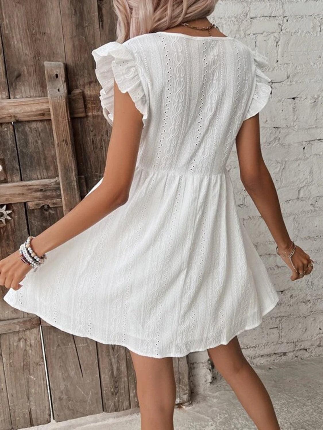 Eyelet Ruffled Cap Sleeve Mini Dress - ClubOn