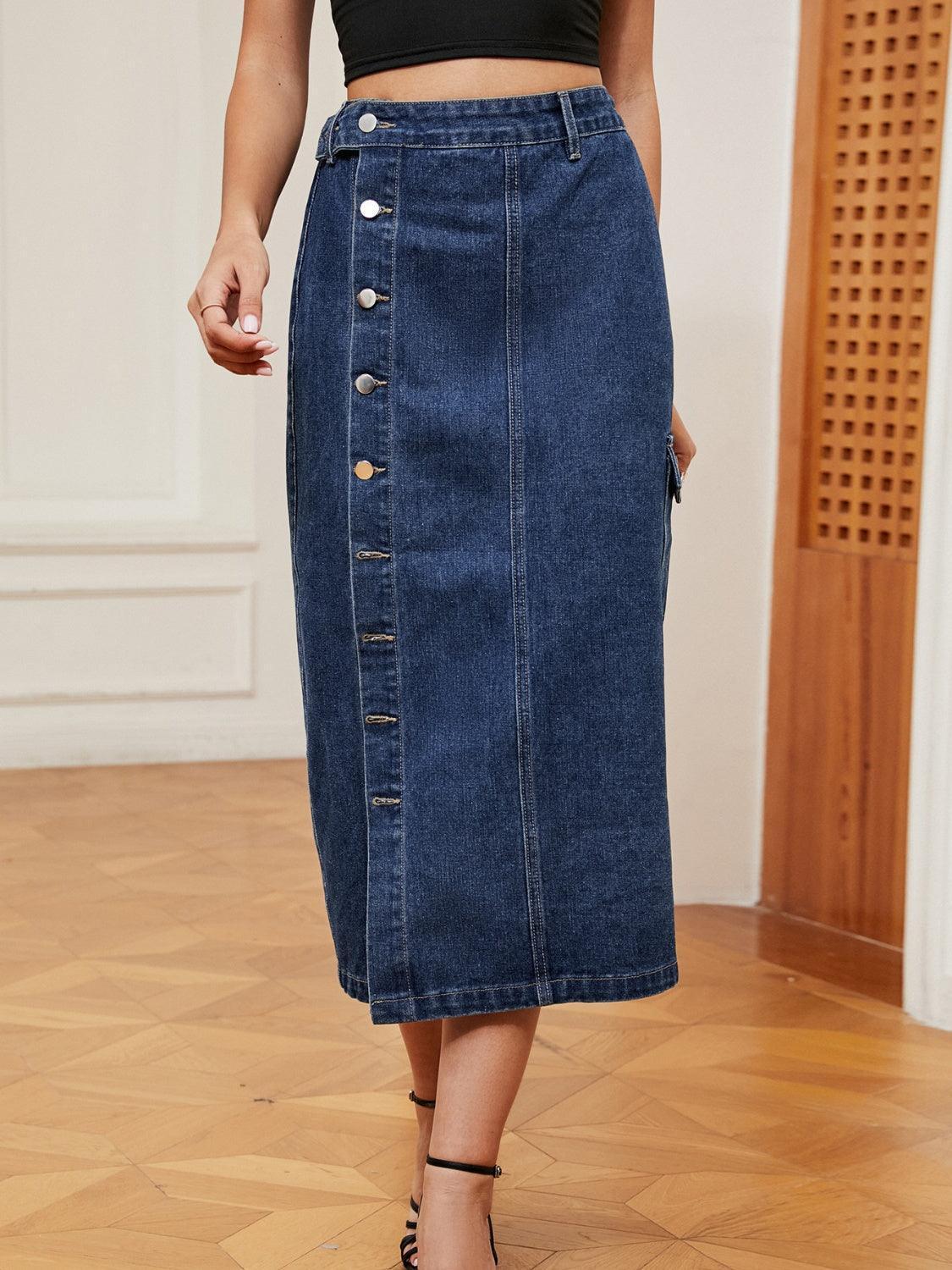 Button Down Midi Denim Skirt - ClubOn