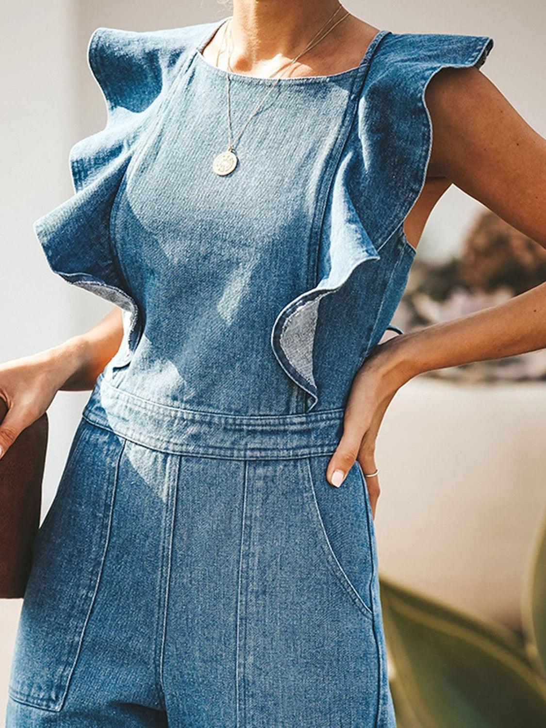 Ruffled Backless Sleeveless Denim Jumpsuit - ClubOn