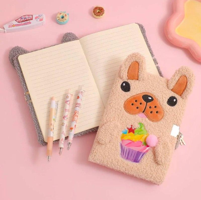 A5 Plush Notebook – Cute Dog with Lock Diary & Student Gift Book - ClubOn