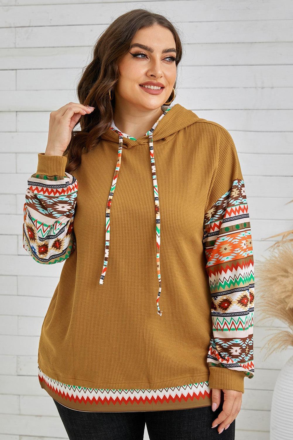 Plus Size Waffle-Knit Geometric Dropped Shoulder Hoodie - ClubOn