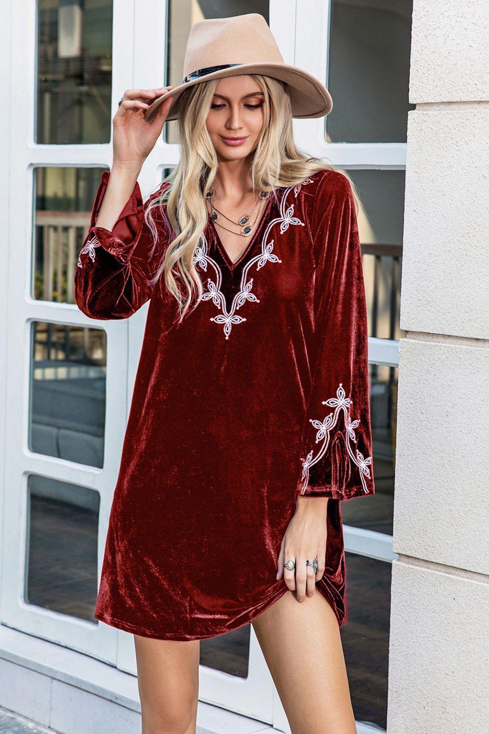 V-Neck Long Sleeve Mini Dress - ClubOn