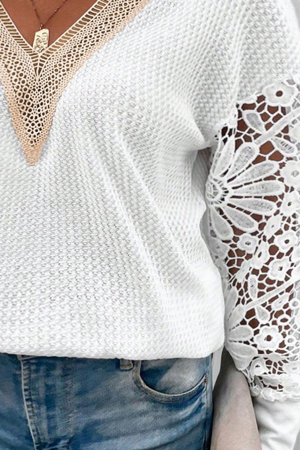 Plus Size Waffle-Knit Crochet V-Neck Blouse - ClubOn