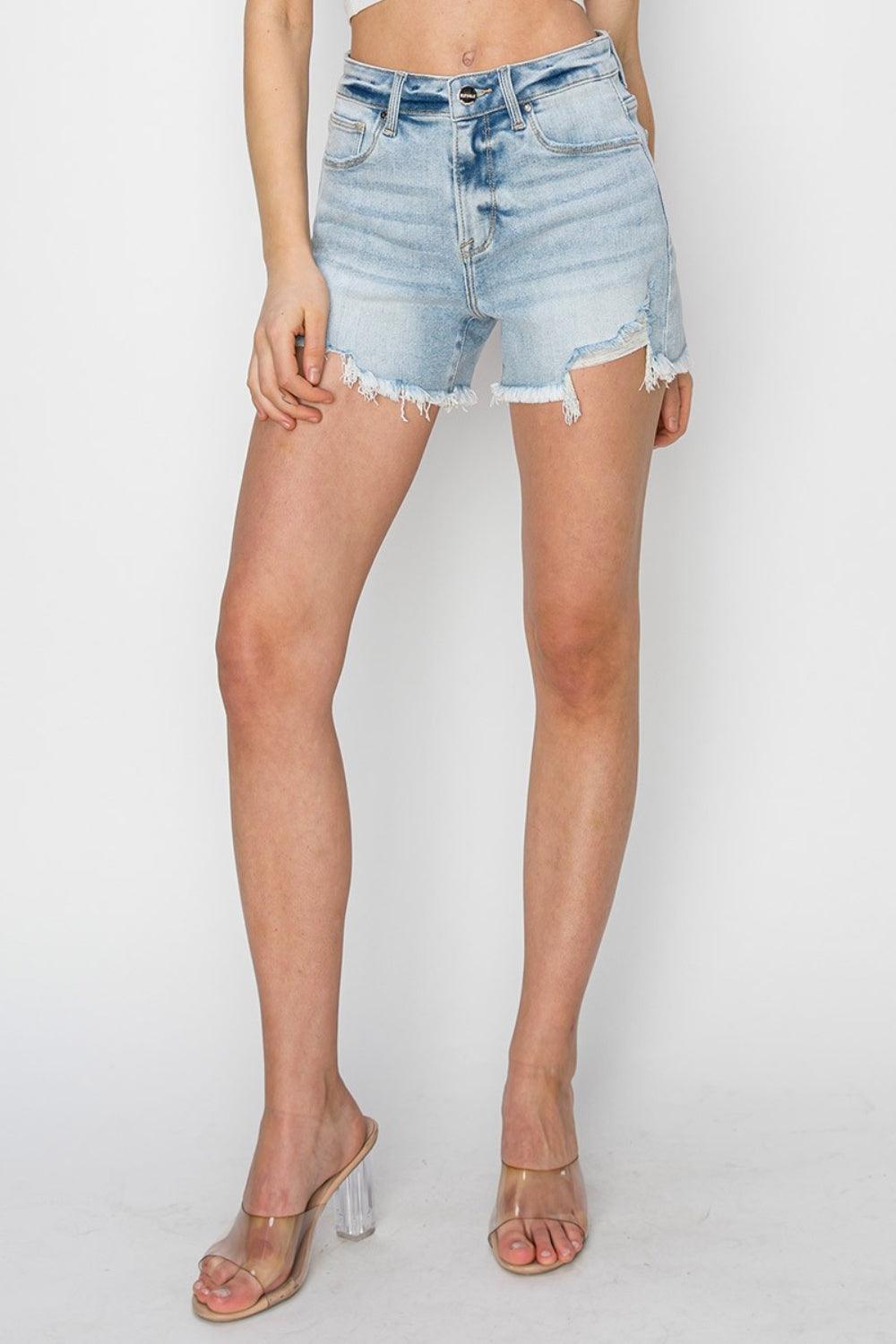 RISEN High Waist Frayed Detail Denim Shorts - ClubOn