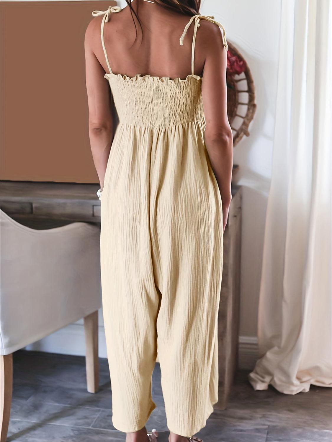 Full Size Smocked Spaghetti Strap Wide Leg Jumpsuit - ClubOn