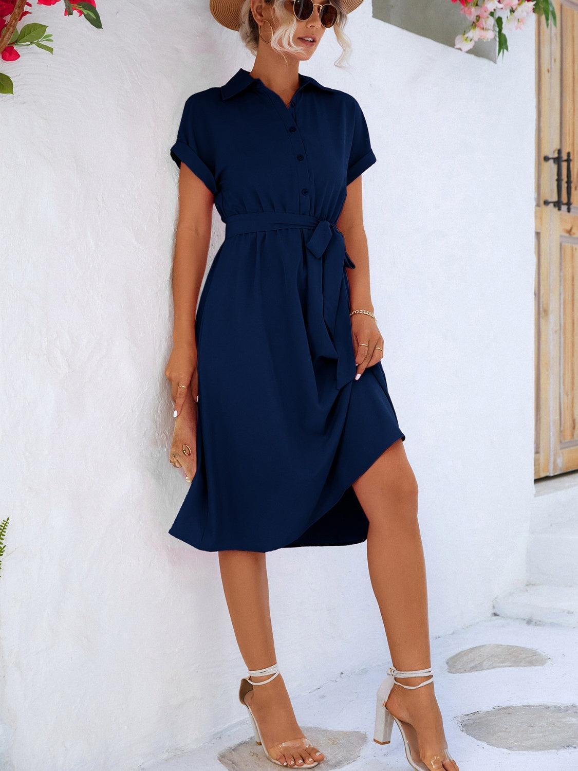 Buttoned Tie Waist Short Sleeve Dress - ClubOn