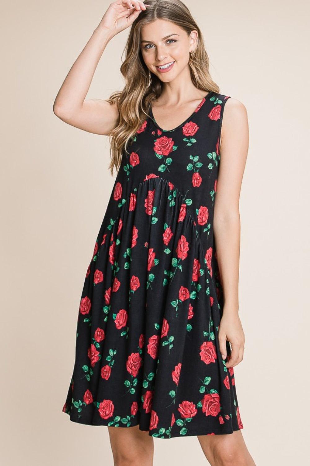 BOMBOM Floral Ruched Tank Dress - ClubOn