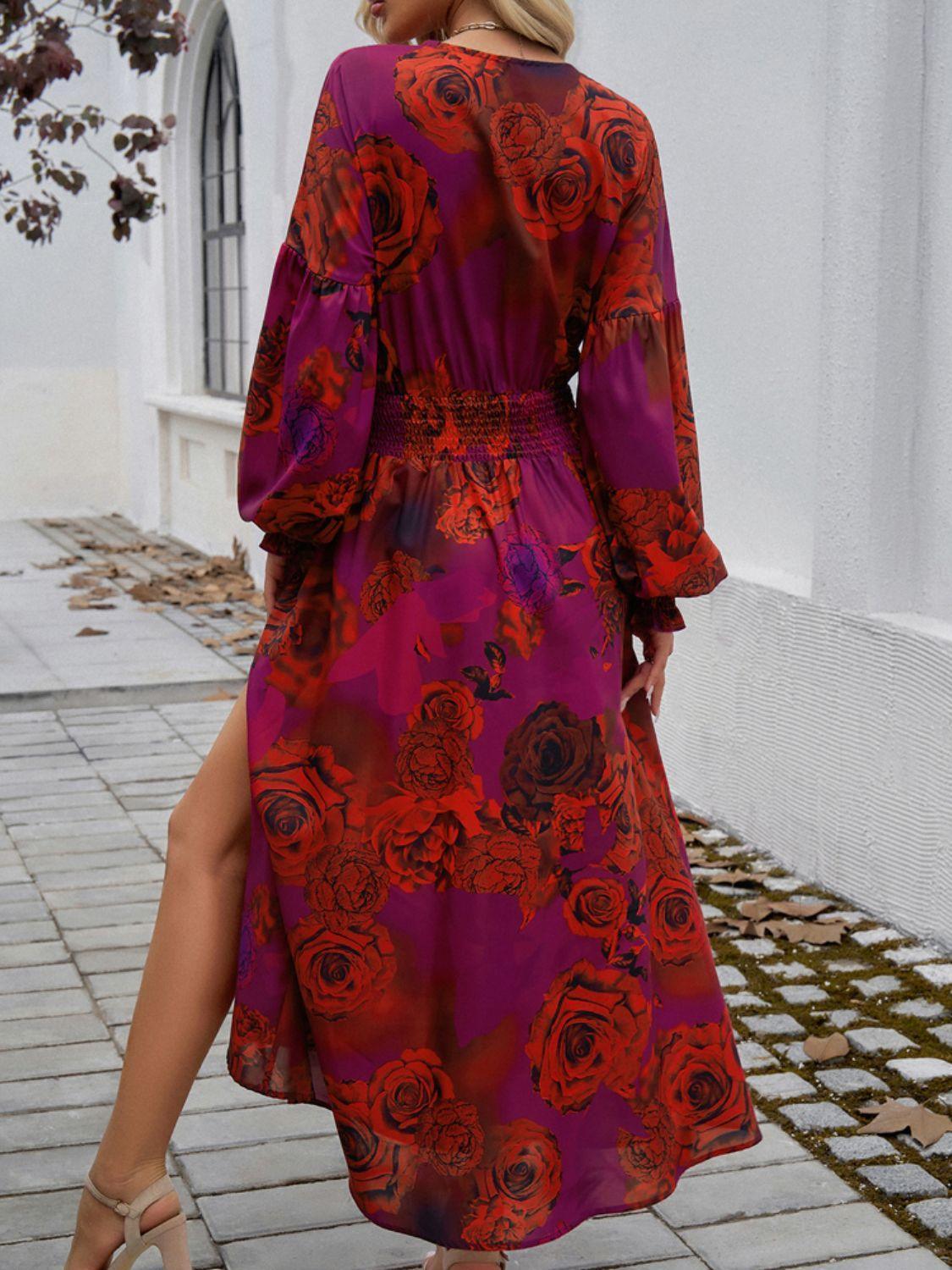 Devine Split Printed Surplice Long Sleeve Midi Dress - ClubOn