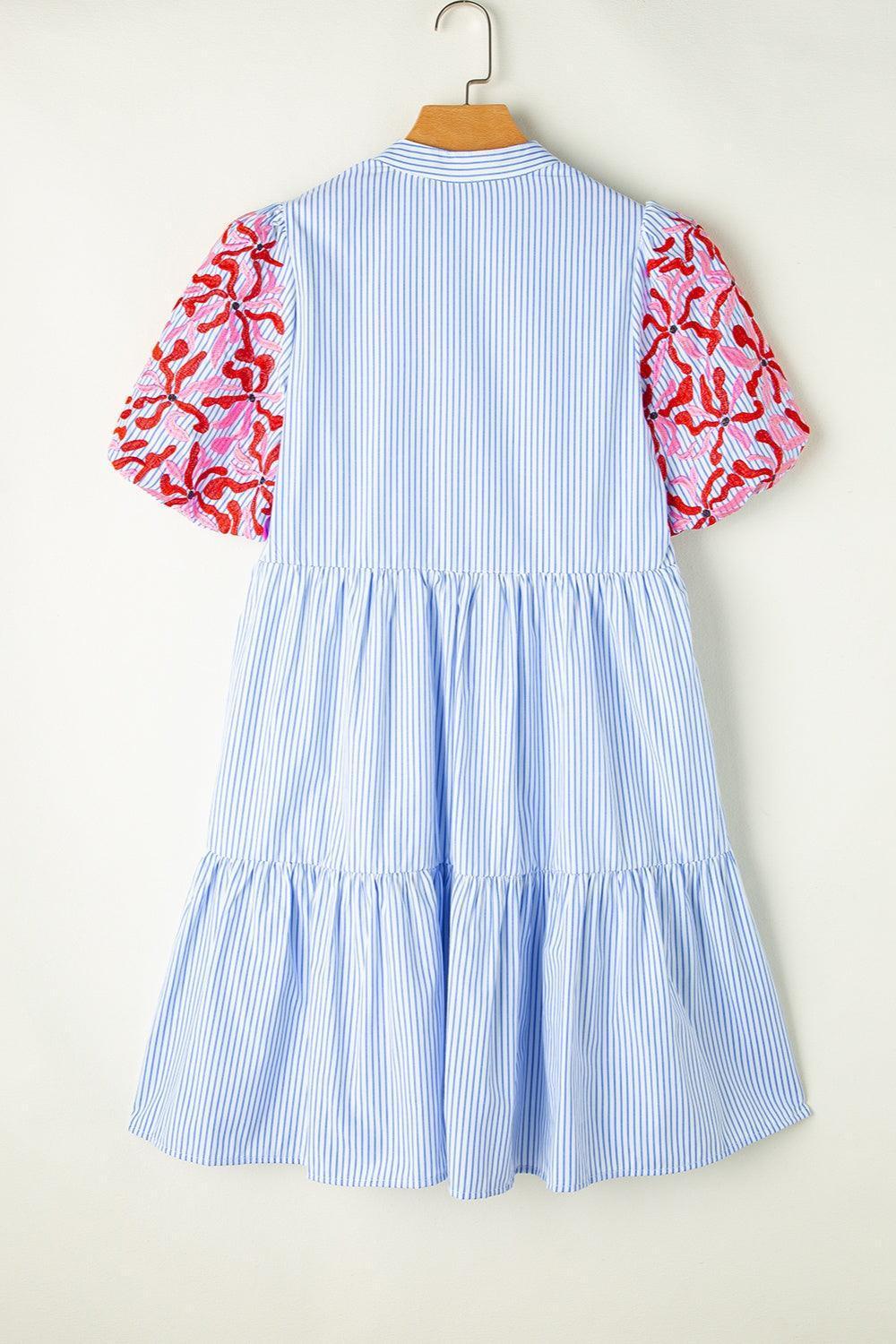Embroidered Striped Notched Short Sleeve Dress - ClubOn