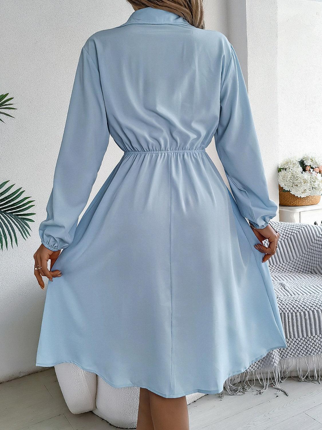 Collared Neck Long Sleeve Dress with Pockets - ClubOn
