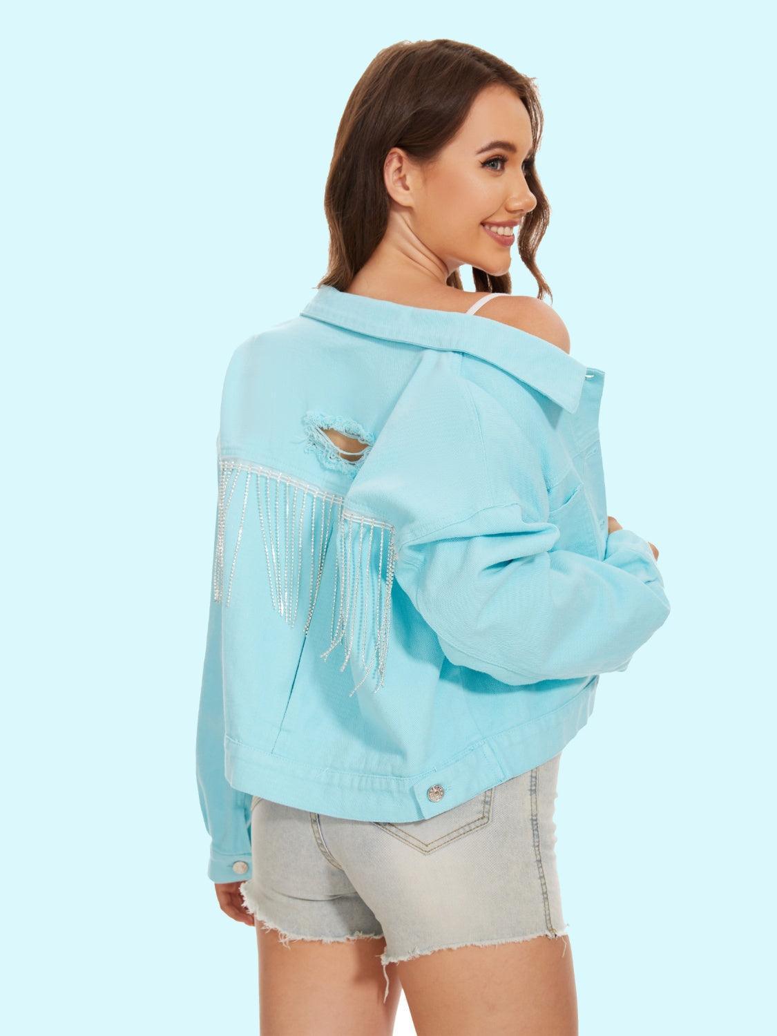 Distressed Distressed Button Up Denim Jacket - ClubOn