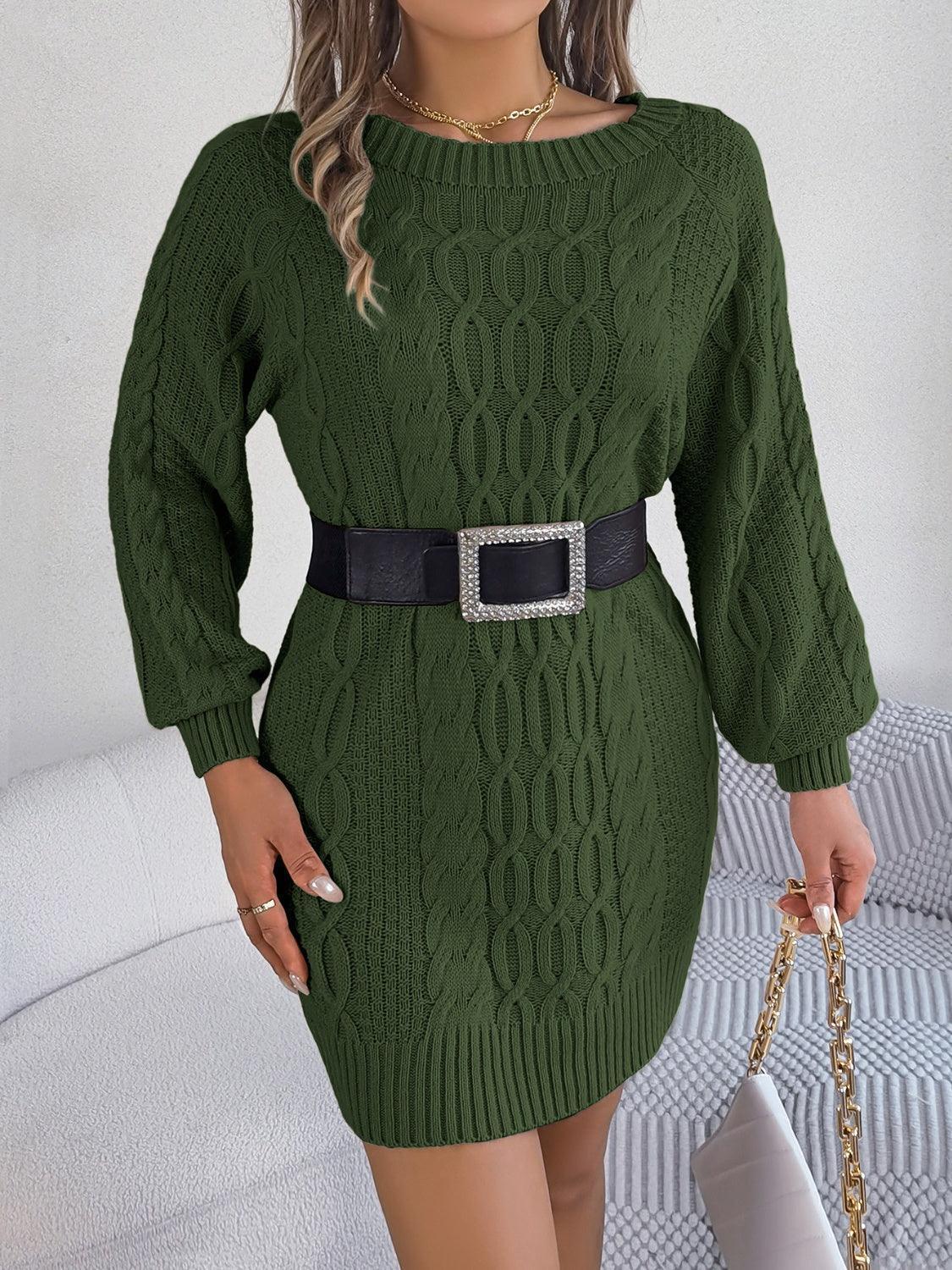 Cable-Knit Round Neck Sweater Dress - ClubOn