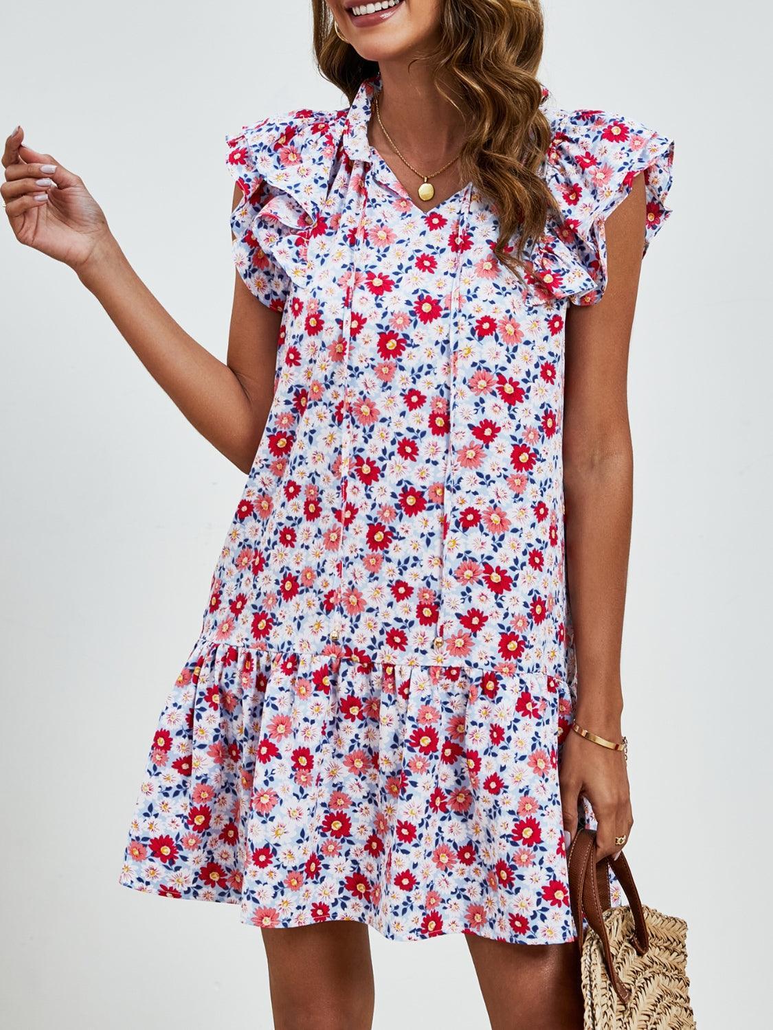 Tied Floral Cap Sleeve Mini Dress - ClubOn