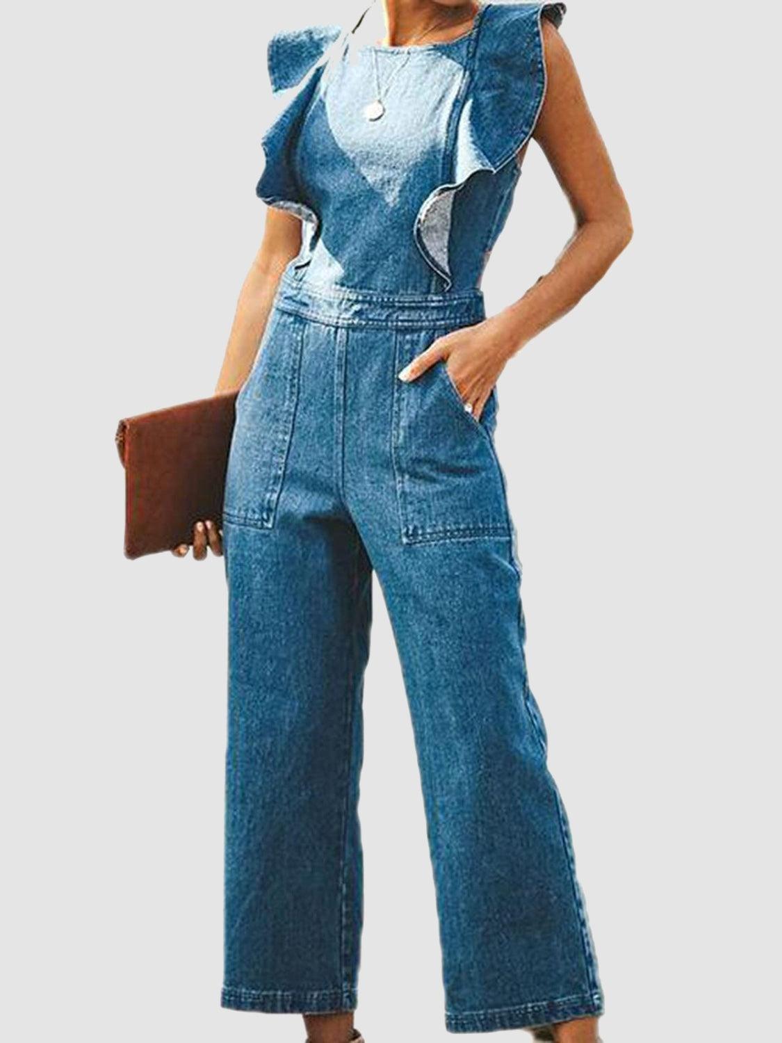 Ruffled Backless Sleeveless Denim Jumpsuit - ClubOn