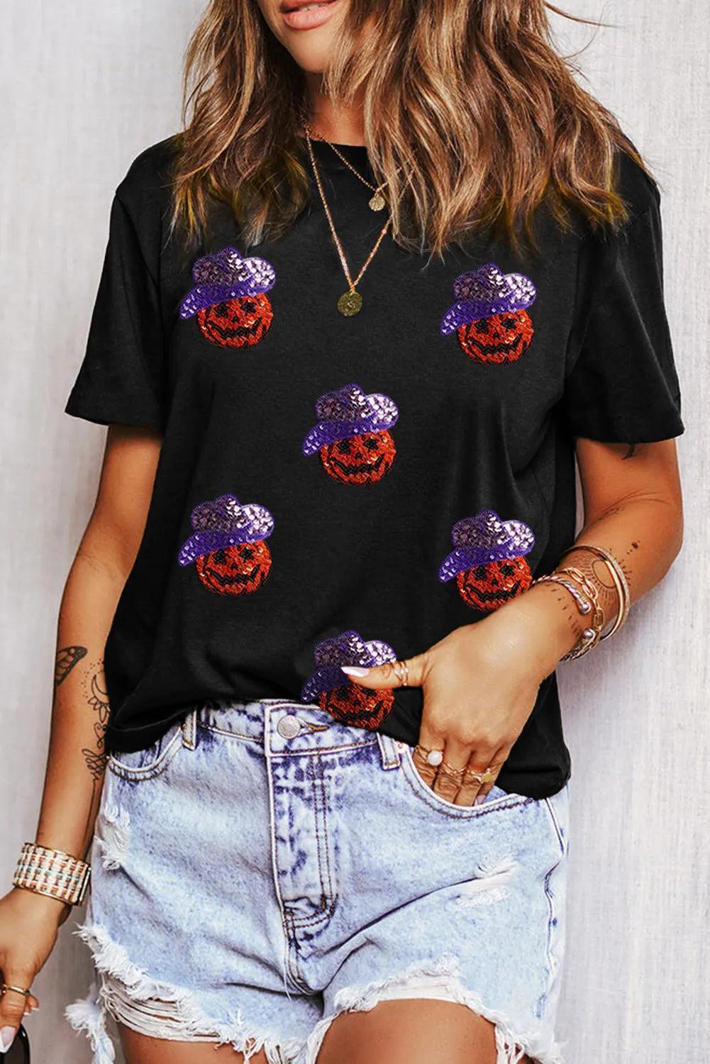 Sequin Pumpkin Round Neck Short Sleeve T-Shirt - ClubOn
