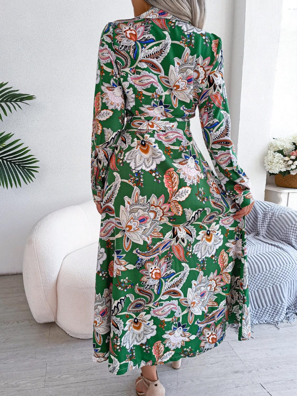 Tied Printed Long Sleeve Midi Dress - ClubOn