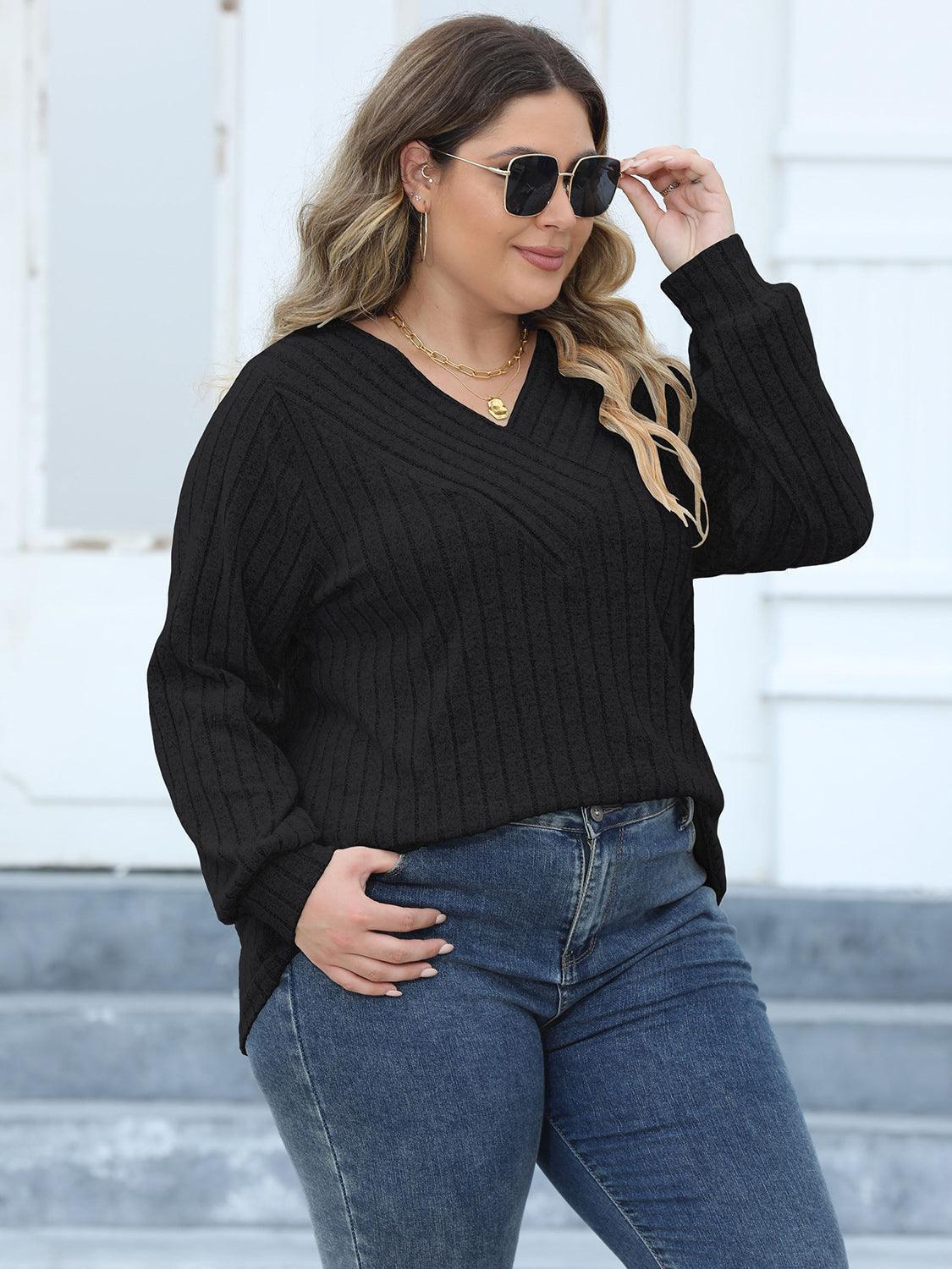 Plus Size Ribbed V-Neck Long Sleeve Top - ClubOn