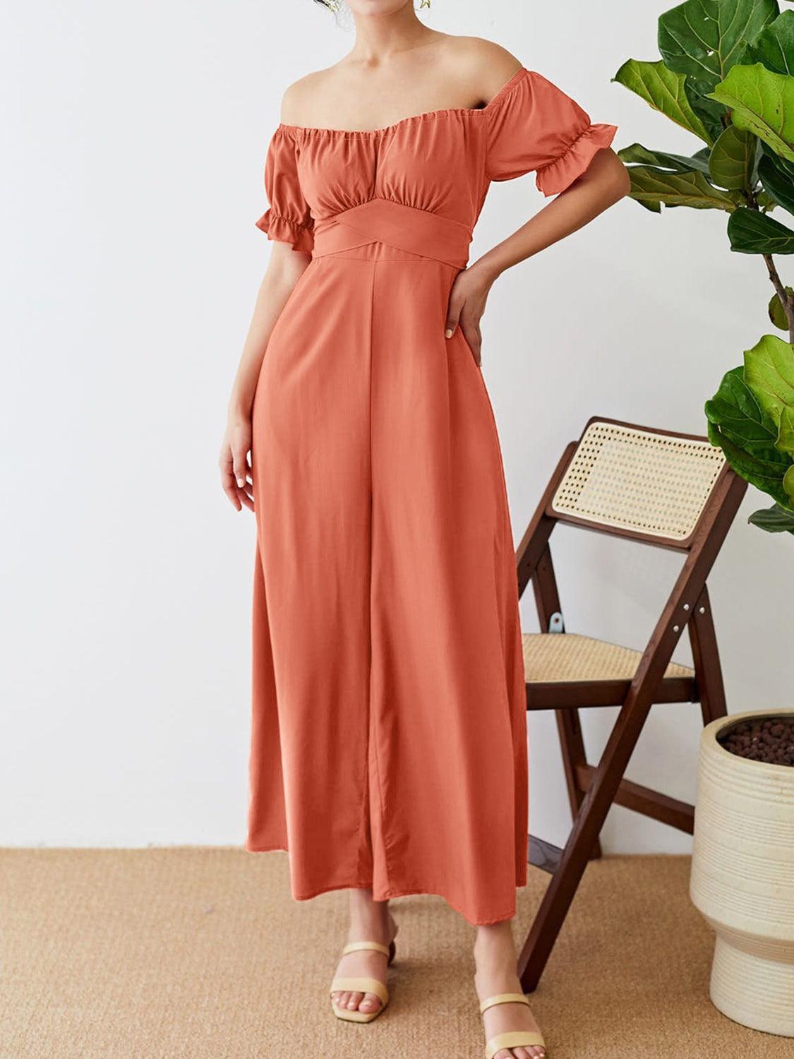 Off-Shoulder Short Sleeve Wide Leg Jumpsuit - ClubOn