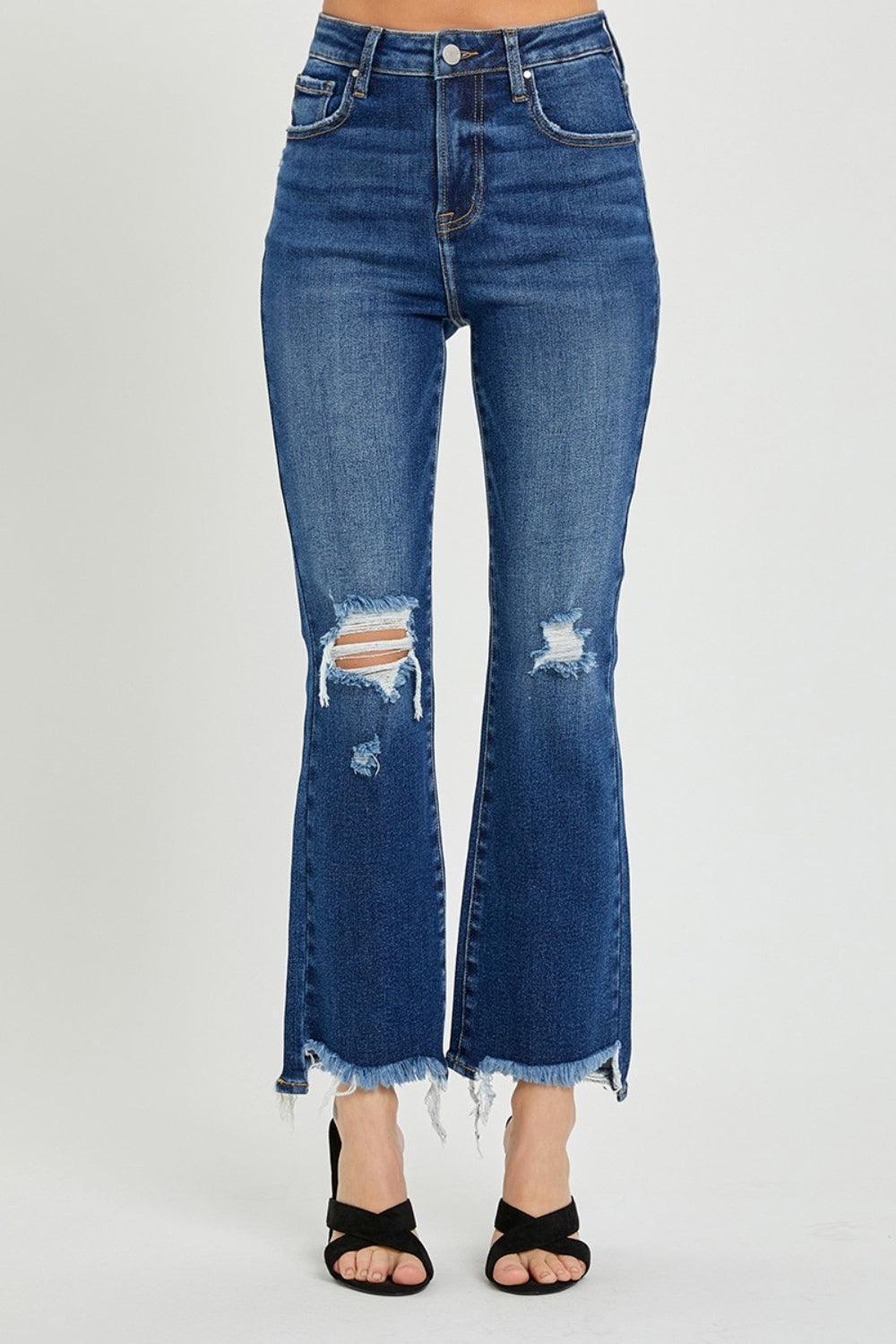 RISEN High Rise Distressed Crop Flare Jeans - ClubOn
