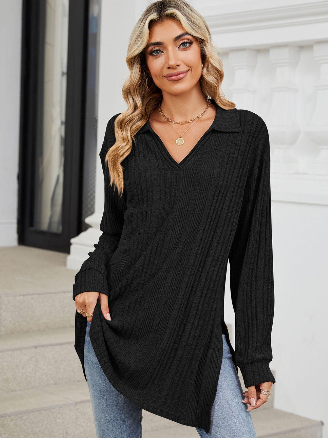 Slit Johnny Collar Long Sleeve T-Shirt - ClubOn