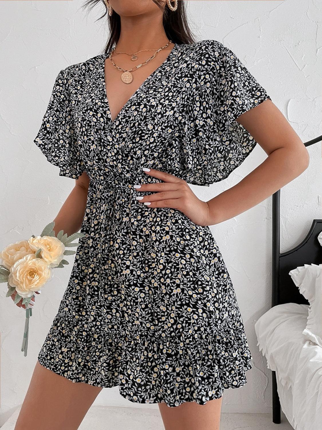 Cutout Ditsy Floral Surplice Flounce Sleeve Dress - ClubOn