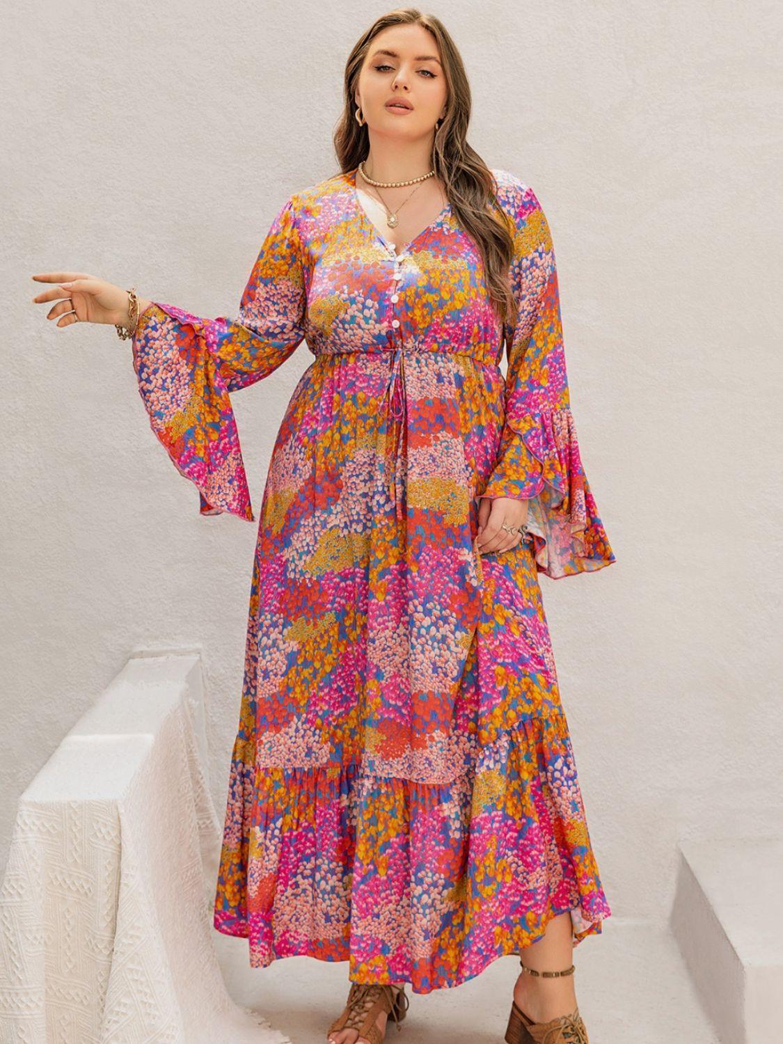 Plus Size Printed V-Neck Long Sleeve Maxi Dress - ClubOn