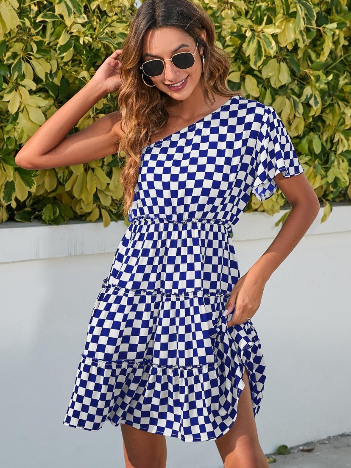 Checkered Single Shoulder Mini Dress - ClubOn