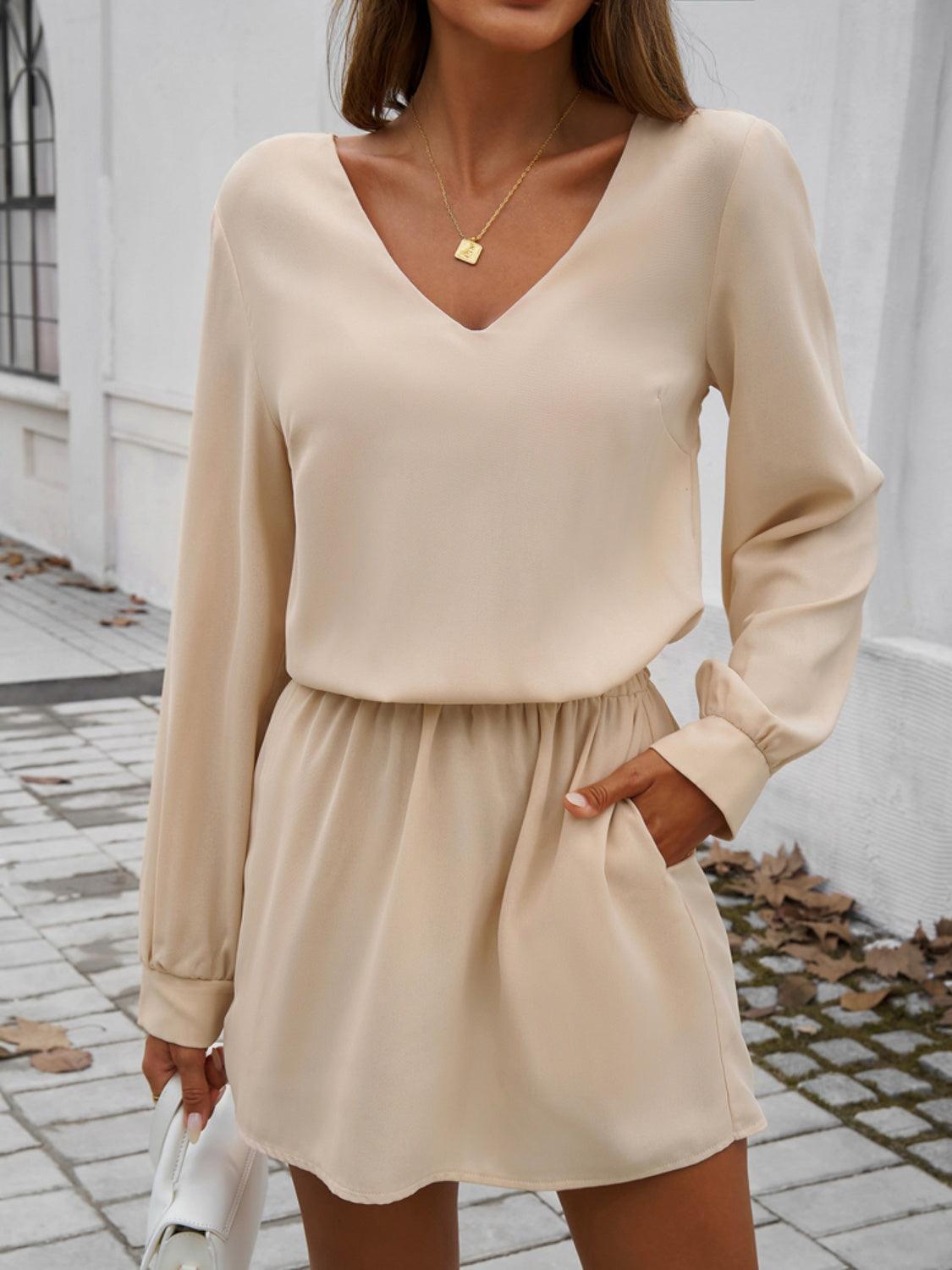 Devine Cutout V-Neck Long Sleeve Mini Dress - ClubOn