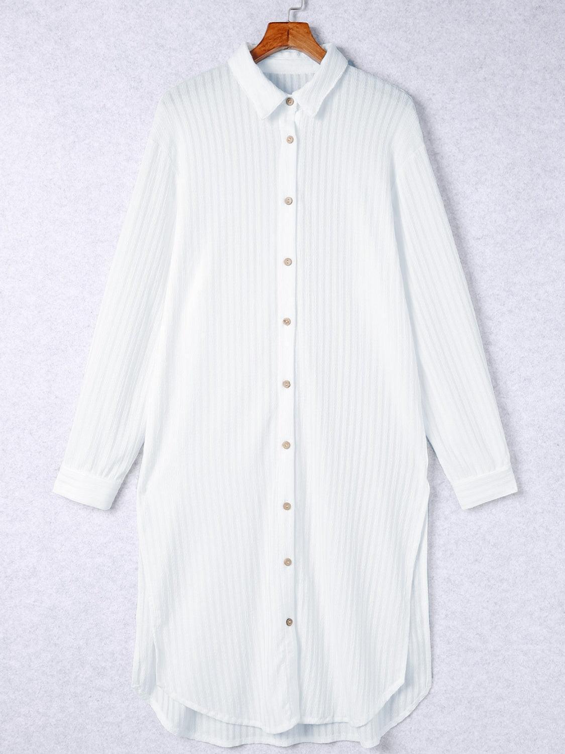 Button Up Collared Neck Slit Shirt Dress - ClubOn