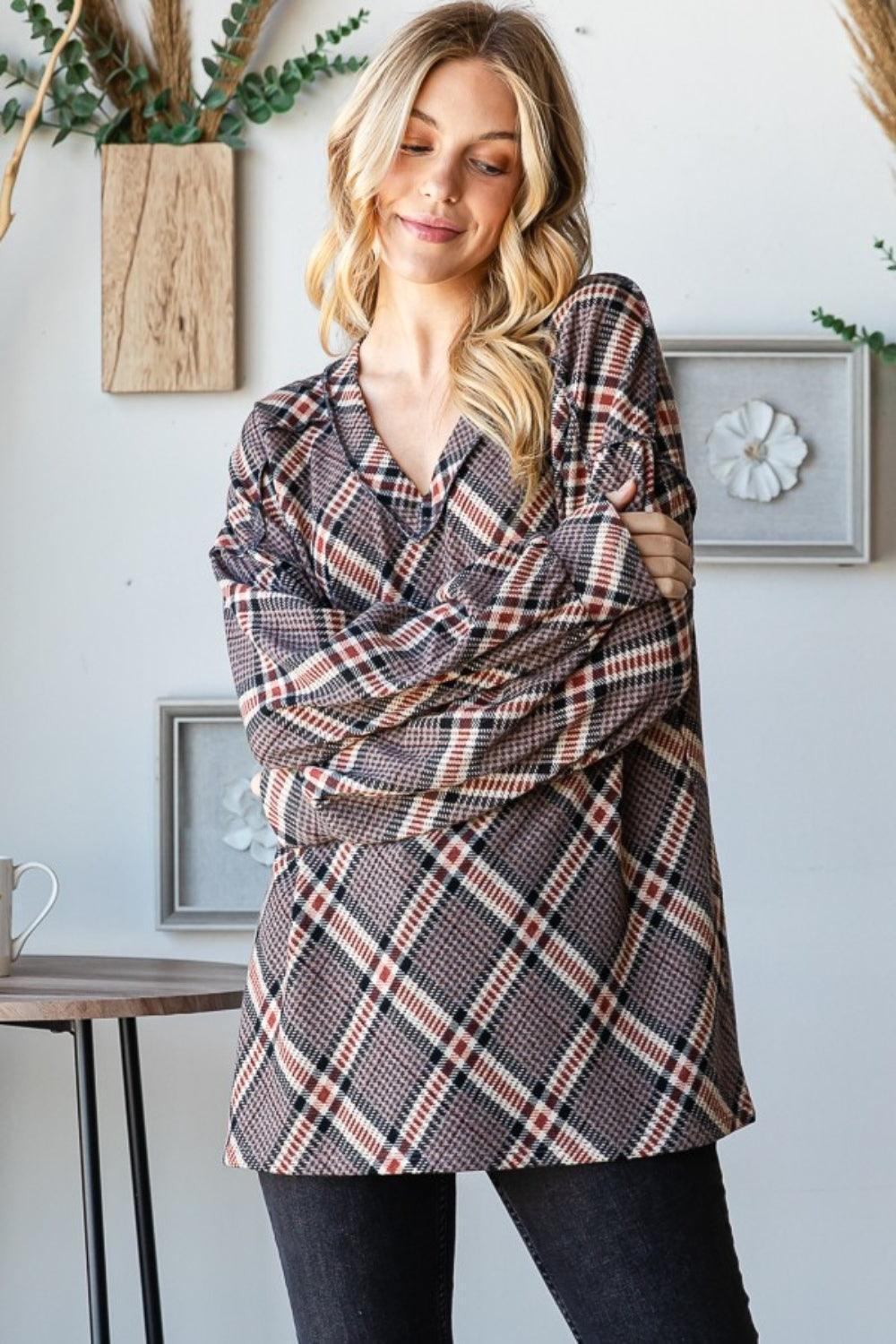 Heimish Plaid Exposed Seam V-Neck T-Shirt - ClubOn