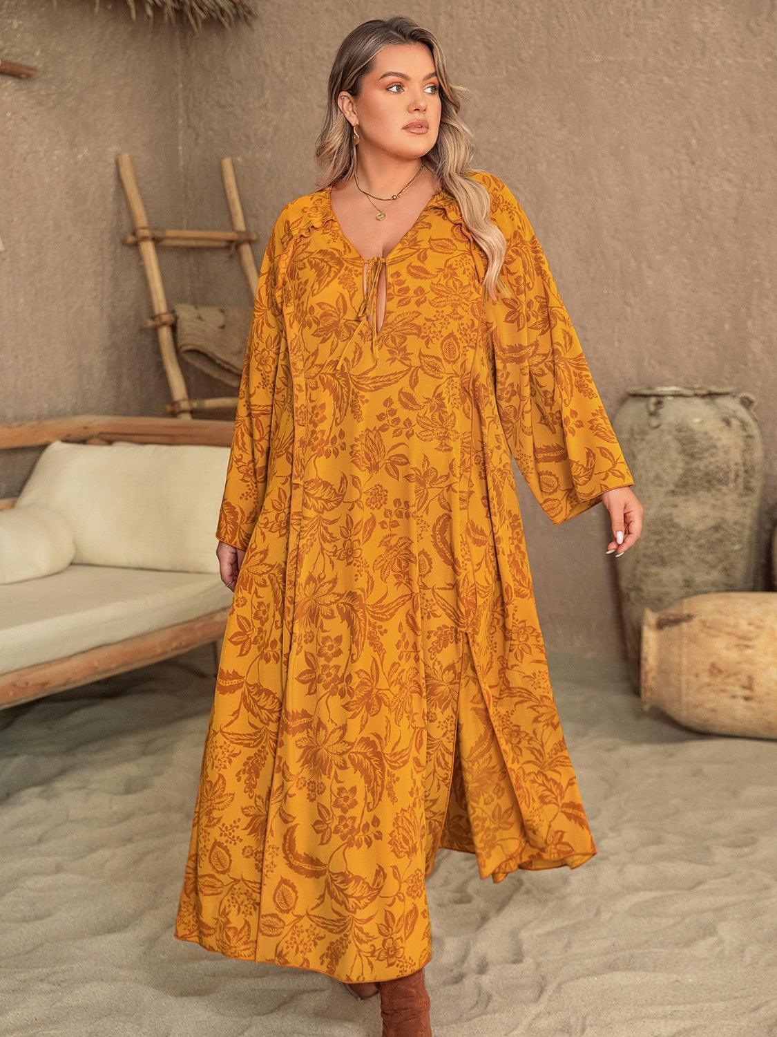 Plus Size Printed Slit Long Sleeve Dress - ClubOn
