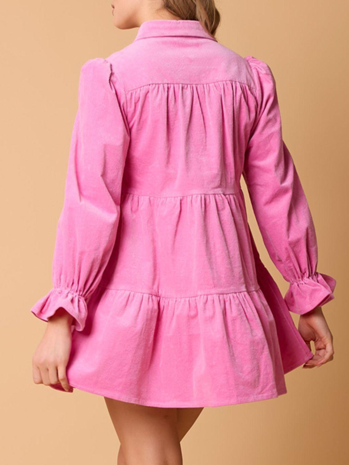 Collared Neck Flounce Sleeve Mini Dress - ClubOn