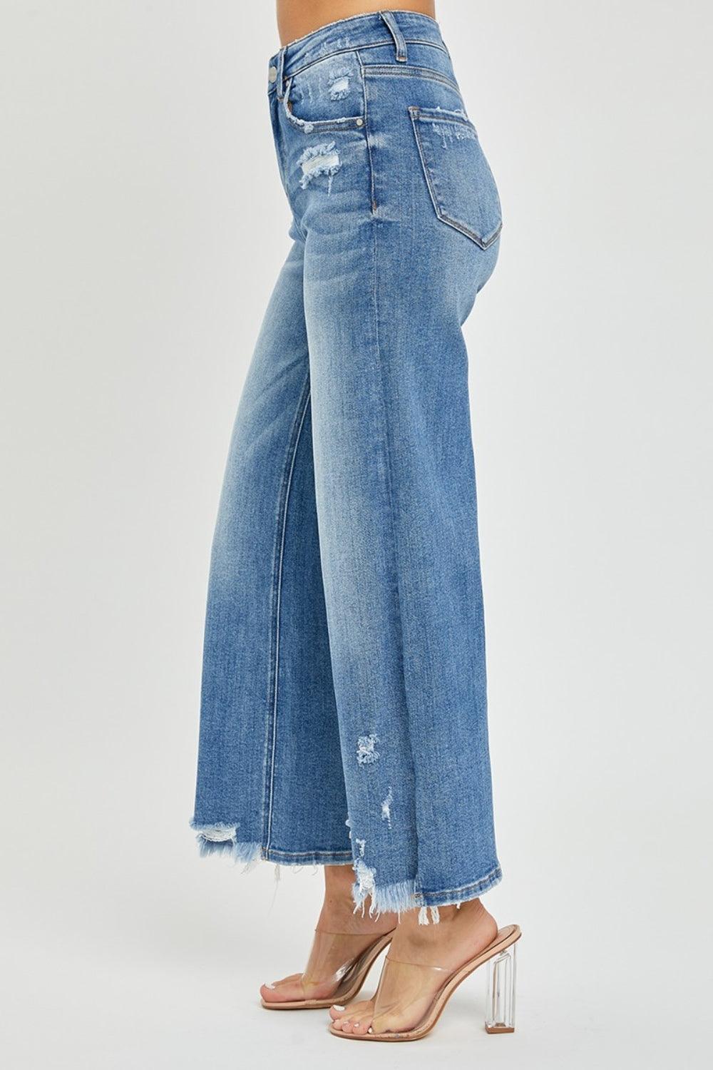 RISEN High Rise Side Slit Raw Hem Cropped Jeans - ClubOn