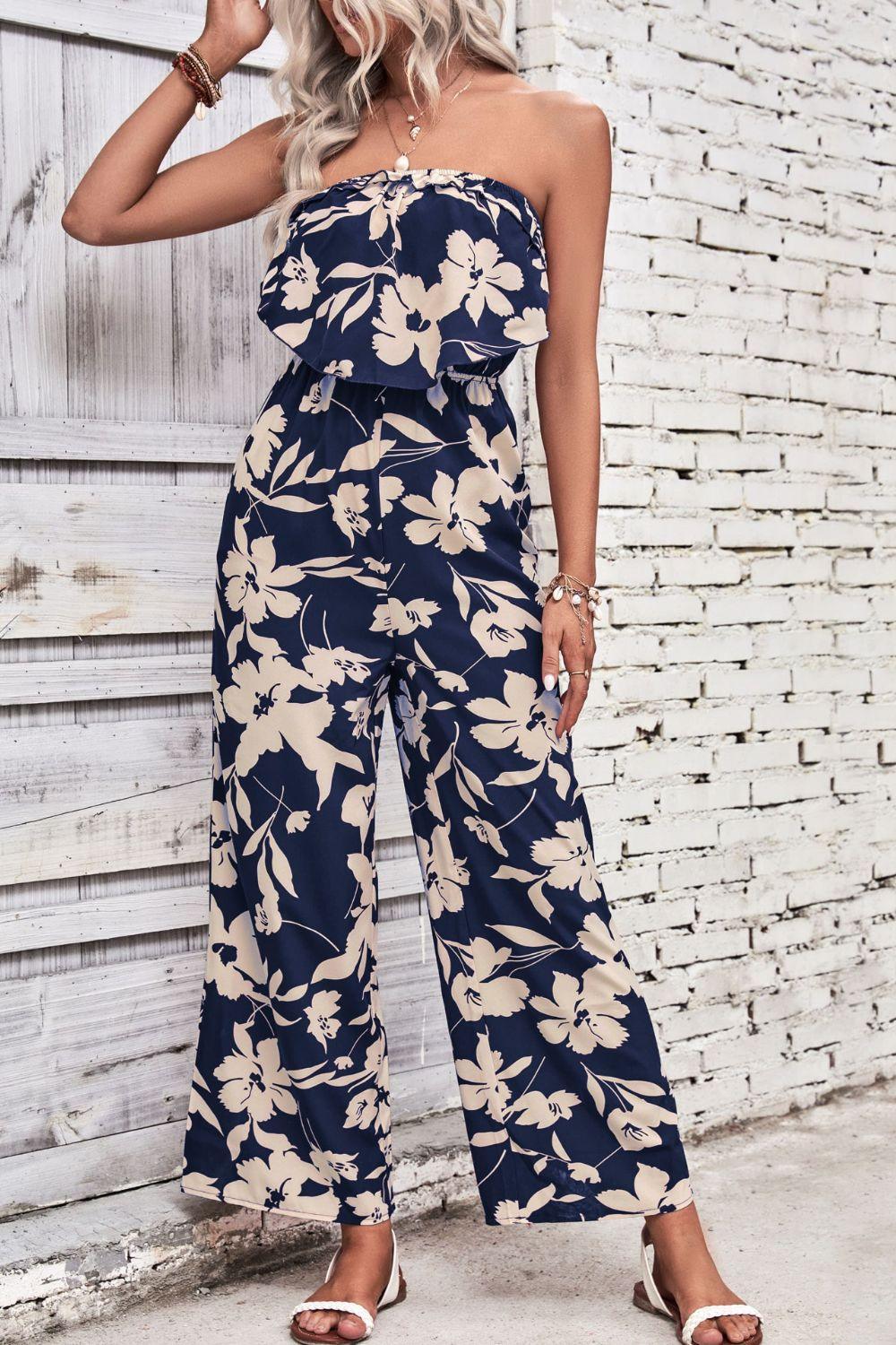 Perfee Floral Strapless Wide Leg Jumpsuit - ClubOn