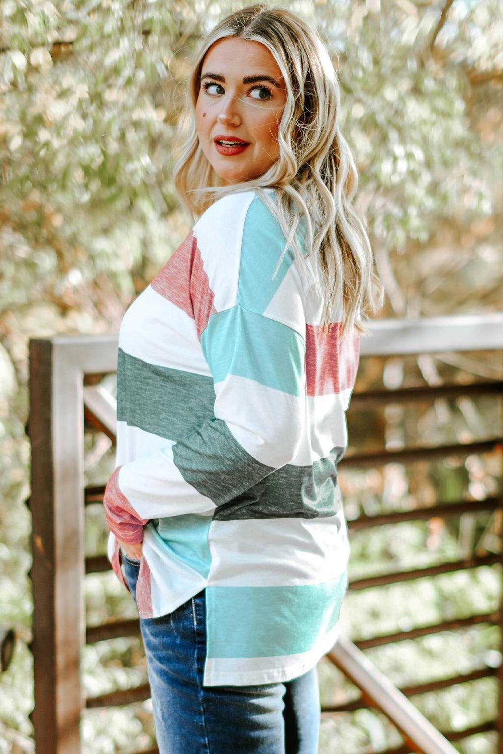 Plus Size Striped Slit Long Sleeve T-Shirt - ClubOn