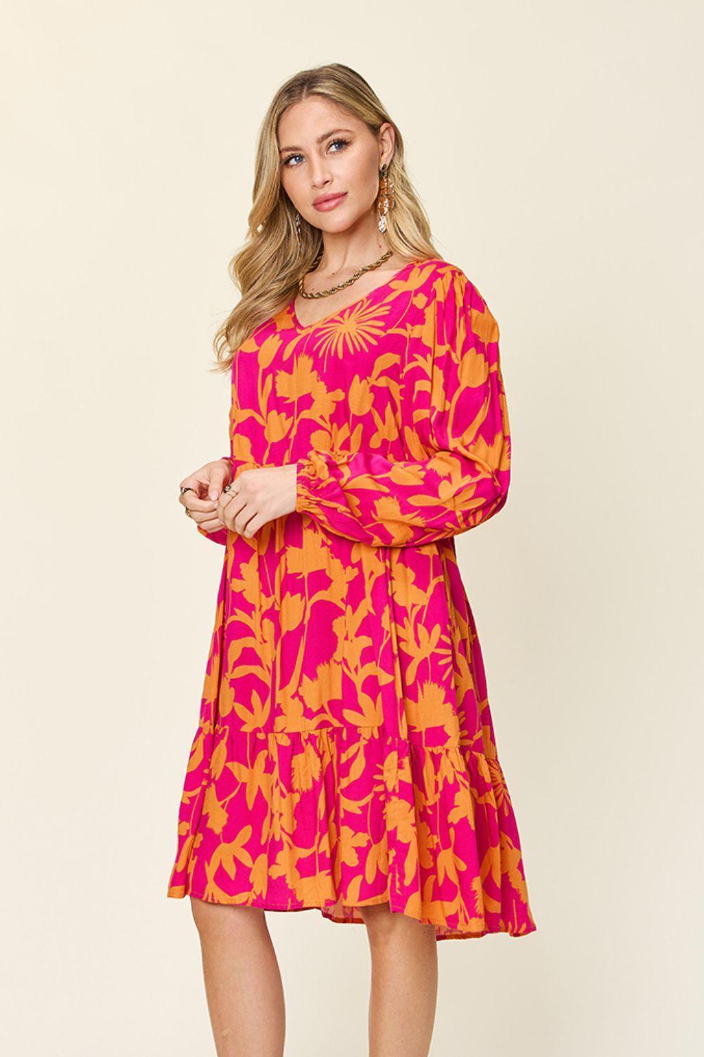 Double Take Full Size Printed Ruffle Hem Dress with Pocket - ClubOn